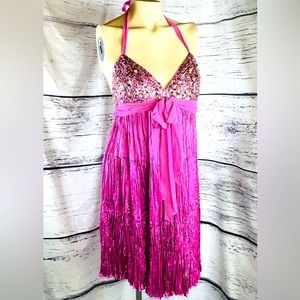 BCBGMaxAzria Halter Pink Cocktail Dress Size 4 Sequins Beads Pleats BCBG Silk